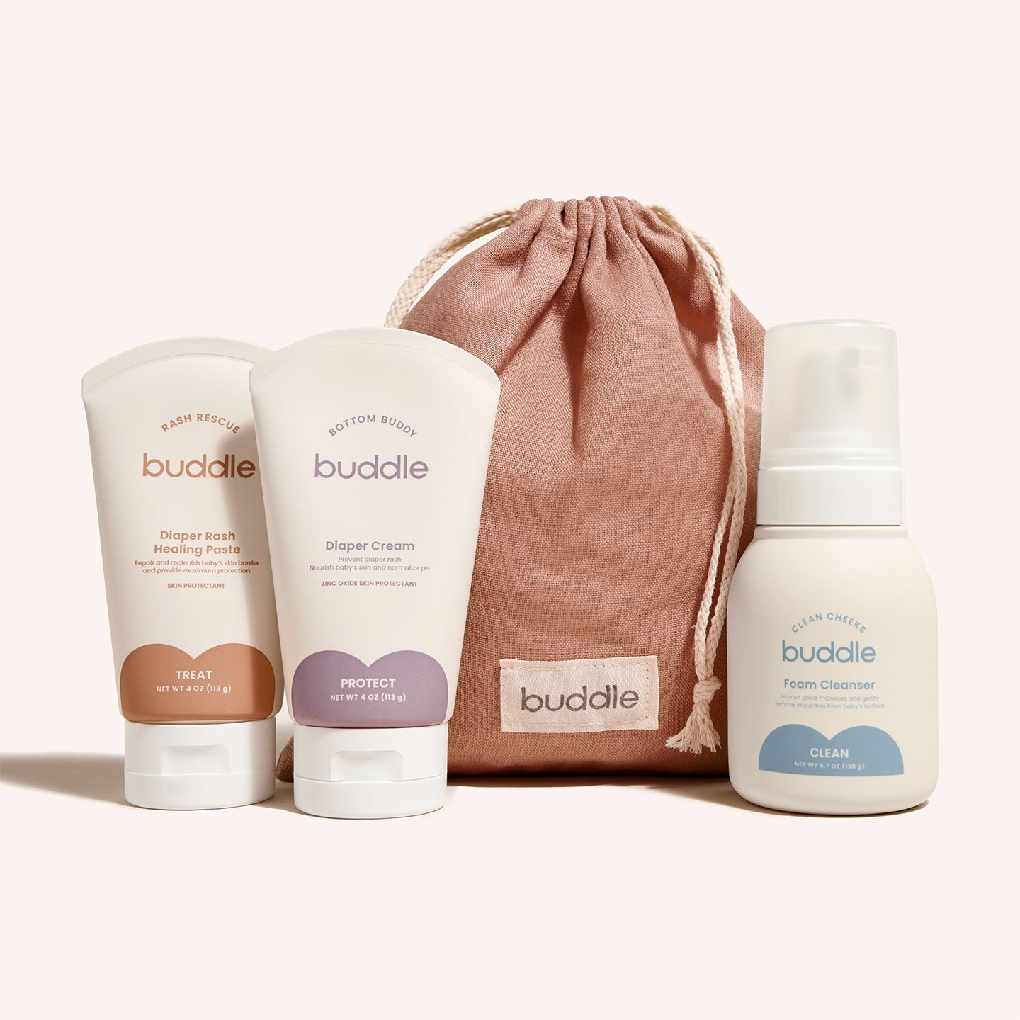 Baby diaper skincare system bottles and balm