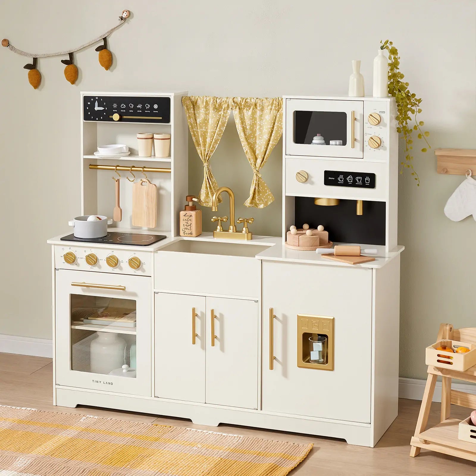 Cream wooden toy play kitchen for pretend cooking