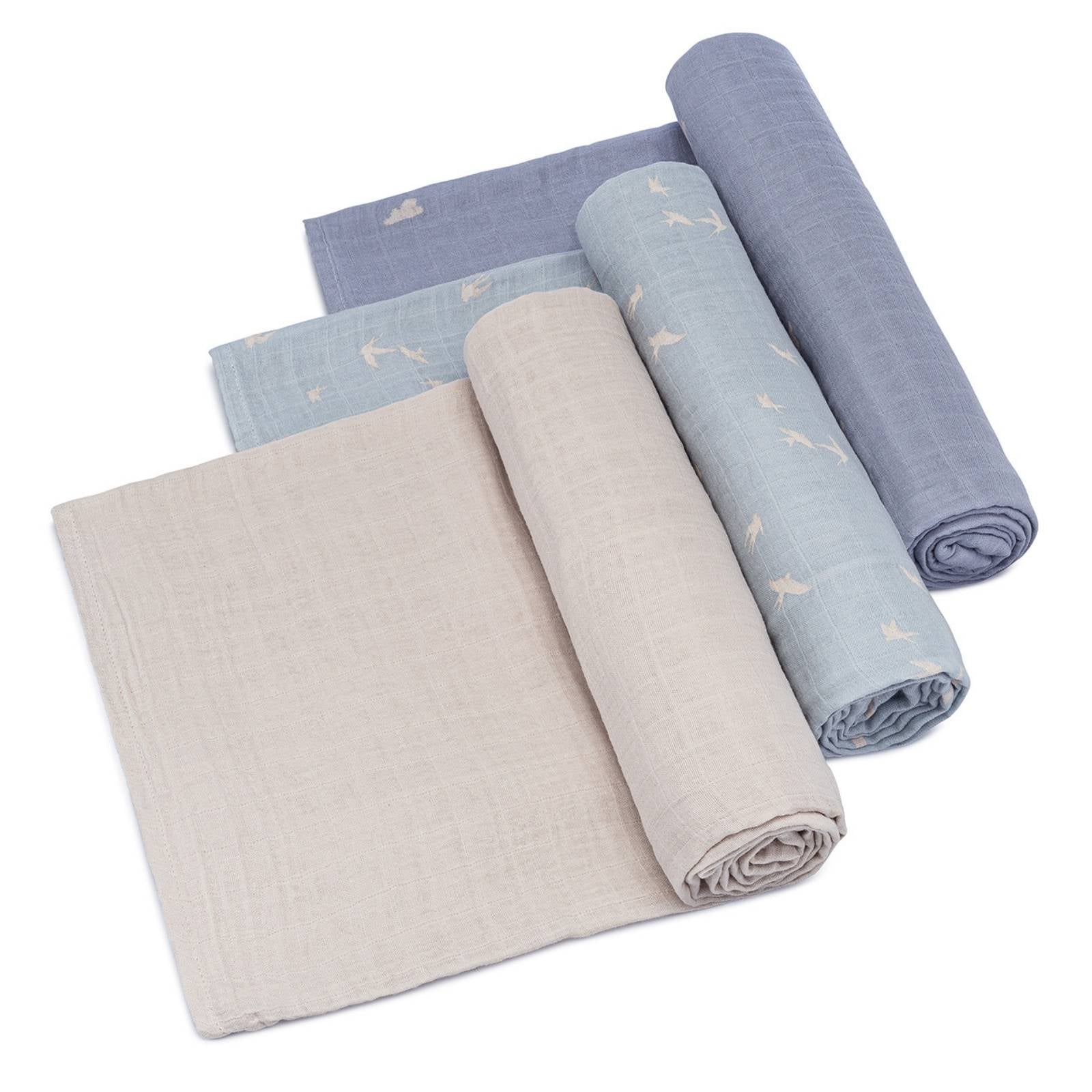 Folded muslin swaddle blankets in soft cloud grey