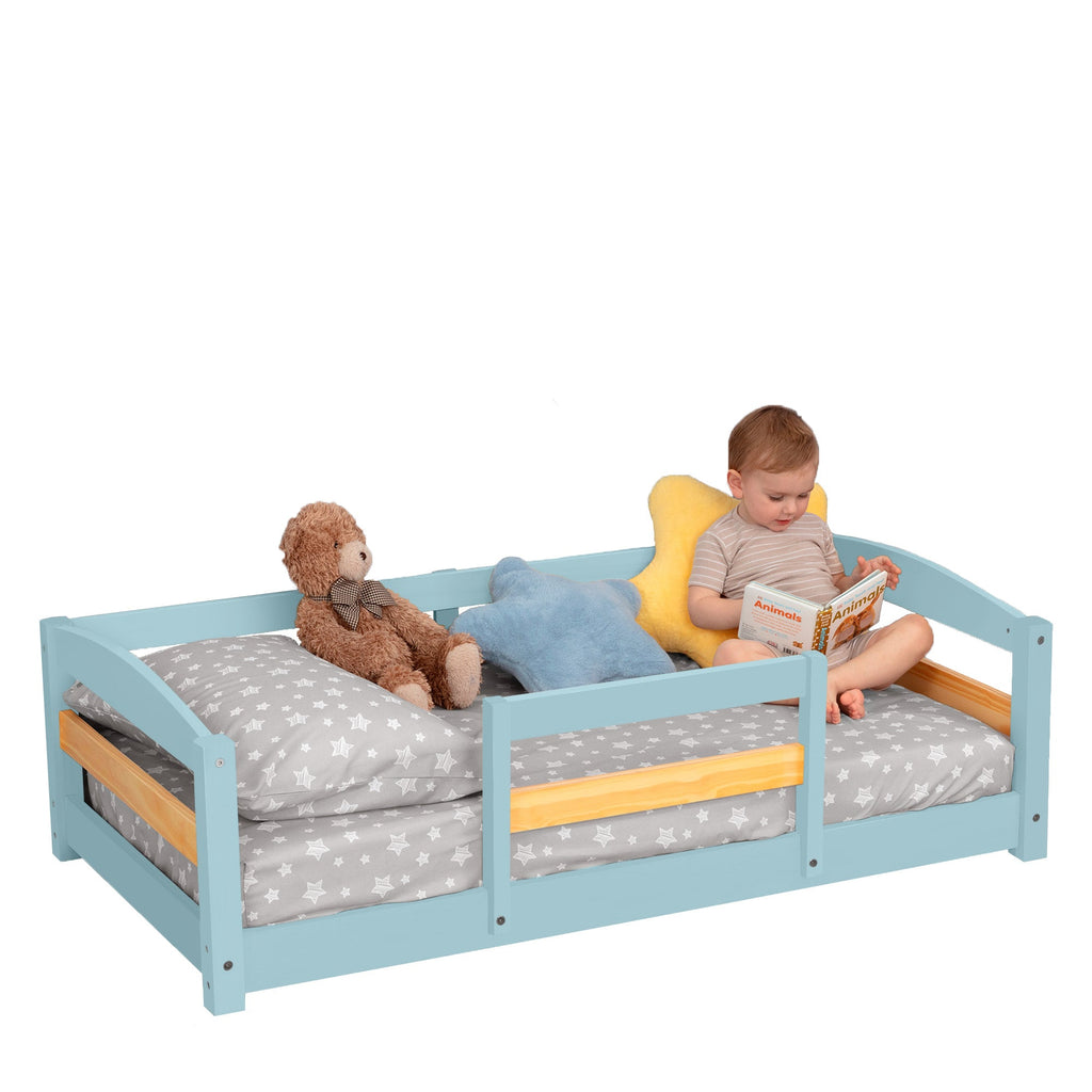 Crib Size Wooden Floor Bed Frame with Rails for Toddlers Age 1–3