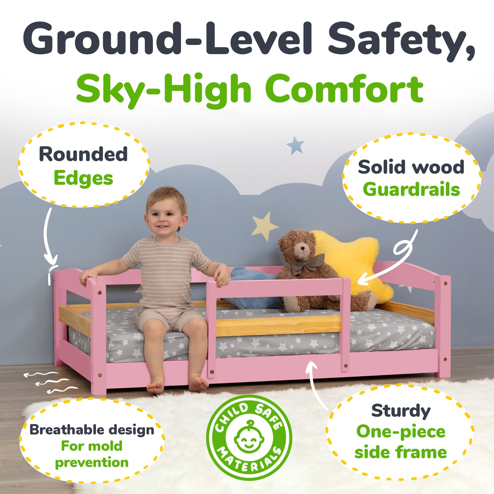 Crib Size Wooden Floor Bed Frame with Rails for Toddlers Age 1–3