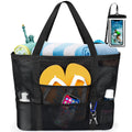 Mesh Beach Bag Rope Handles, Mesh Tote Bag for Women Contains Wicker Oversized Beach Tote Bag with 9 Small Pockets (Black)