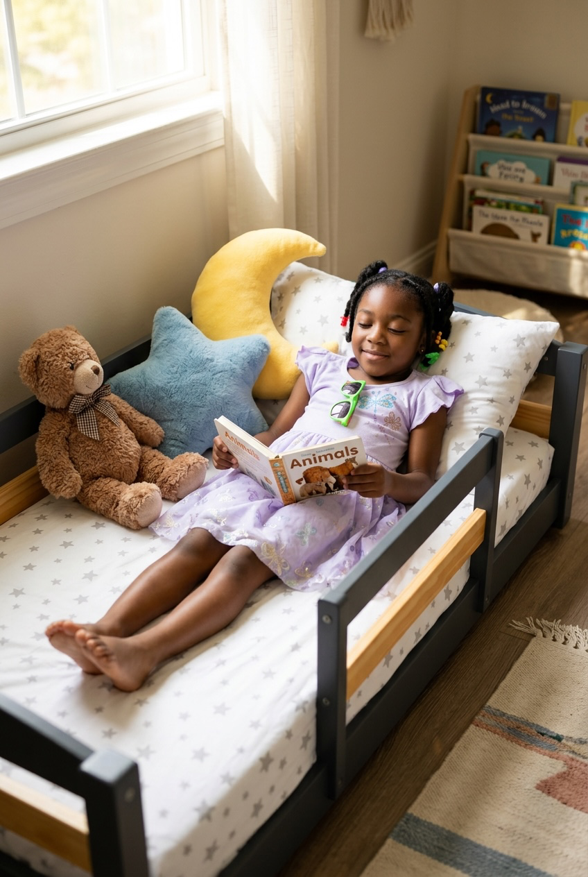 Crib Size Wooden Floor Bed Frame with Rails for Toddlers Age 1–3