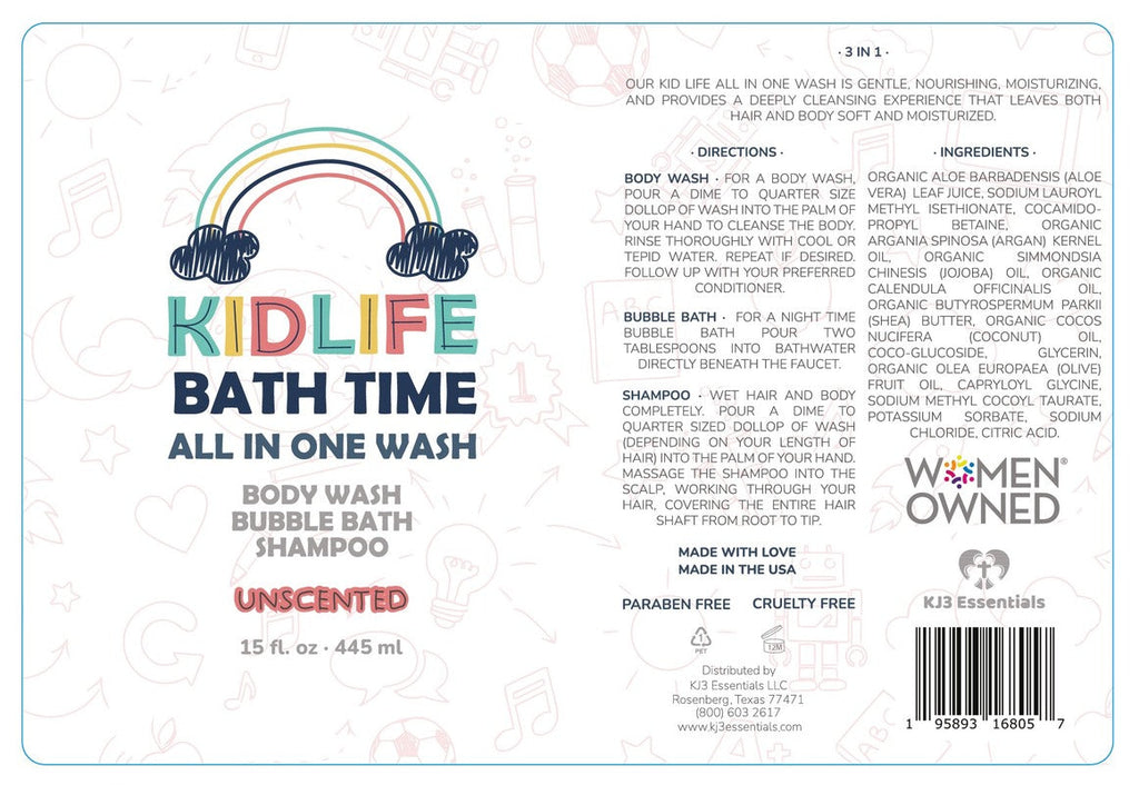 Kidlife Natural Bath Time 3 In 1 Shea & Organic Aloe Body Wash- Herbal Unscented  15 Oz. Kids Head to Toe All in one Bath and body Soap. Bubble Bath, Bodywash and Shampoo