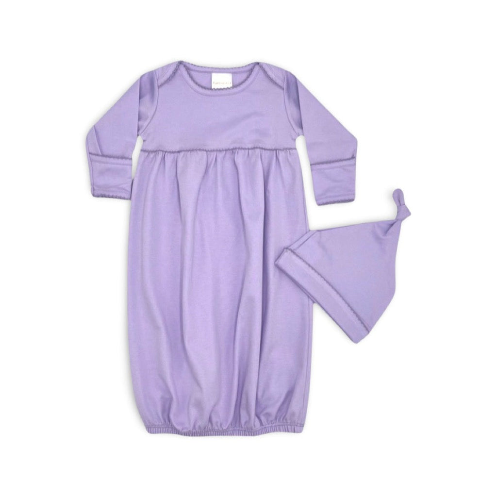 100% PIMA Cotton Ruffle Dress/Bloomer Set + Lavender Gown/Hat (Lavender Picot Trim)