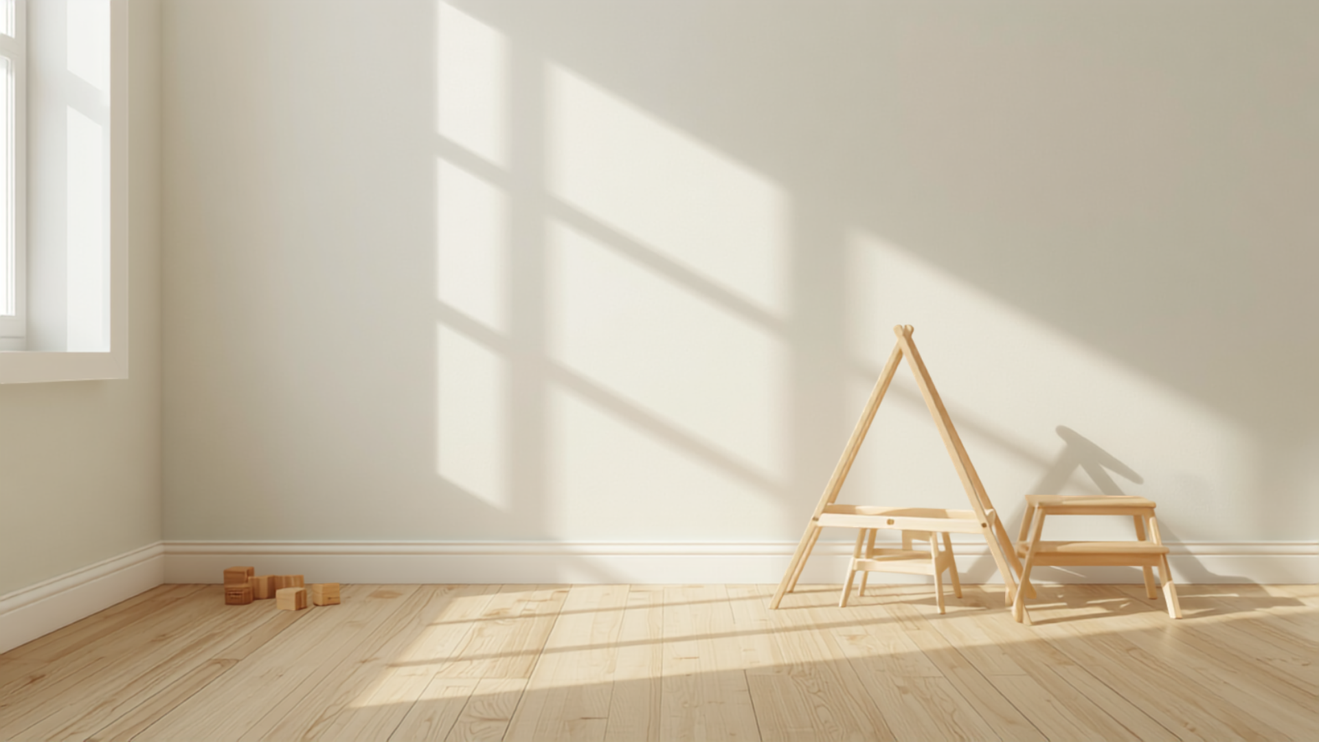 Wooden Montessori climbing triangle and step stool in an airy playroom