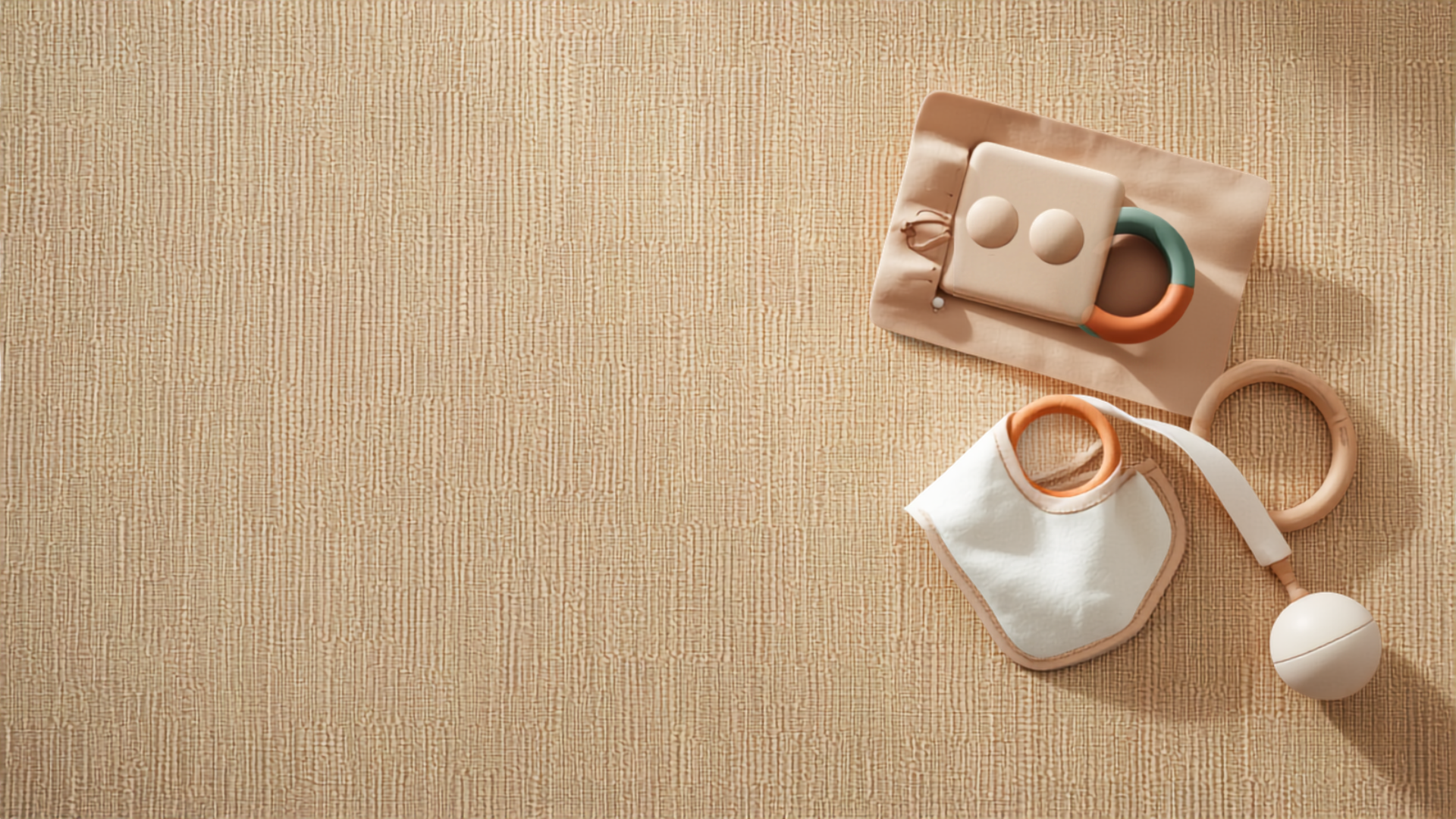 Silicone stacking toys, teether and muslin bib on a soft play mat