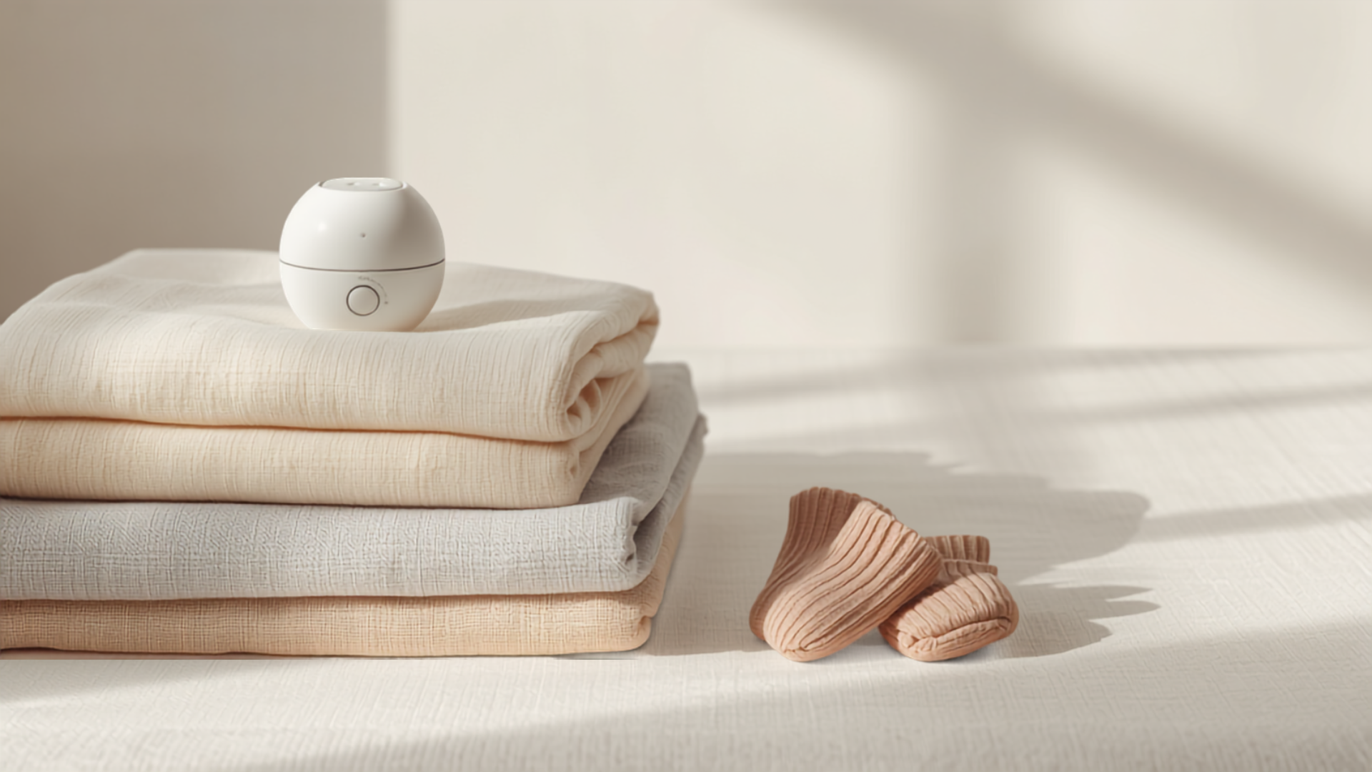 Folded muslin swaddles, sound machine and knitted lovey in soft morning light
