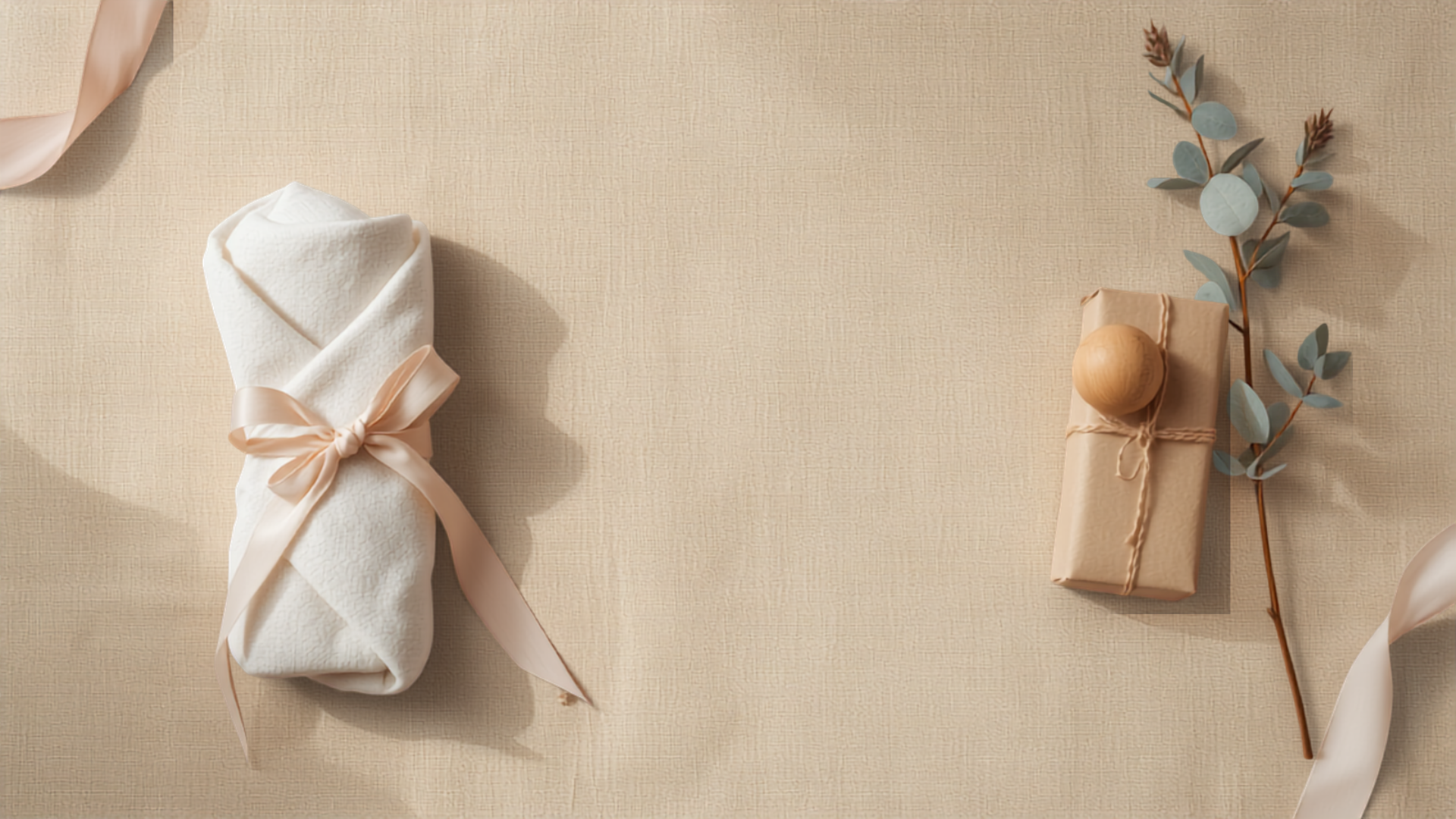 Baby shower gifts flat lay with muslin swaddle, wooden rattle and wrapped parcel