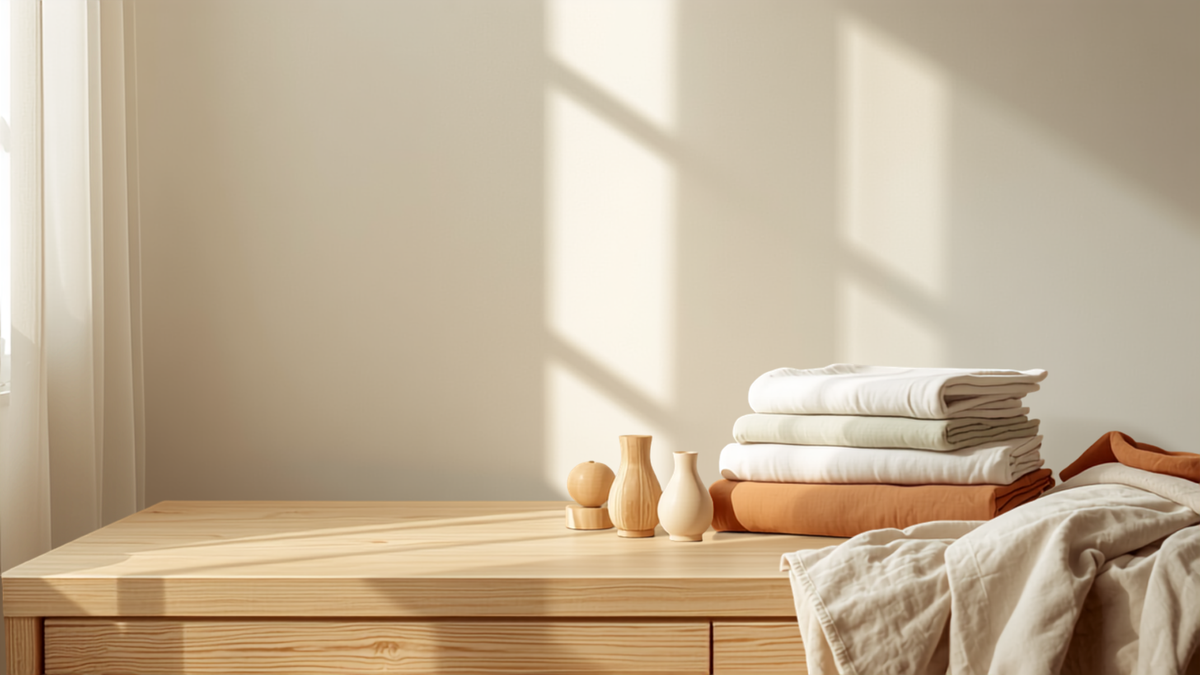 Folded muslin blankets and wooden toys in a softly lit nursery