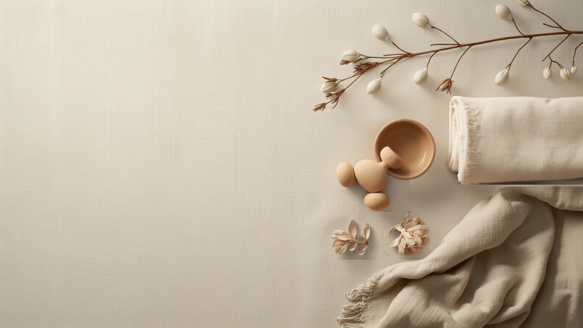 Styled still life of folded muslin swaddles, wooden toy and quilt in warm morning light